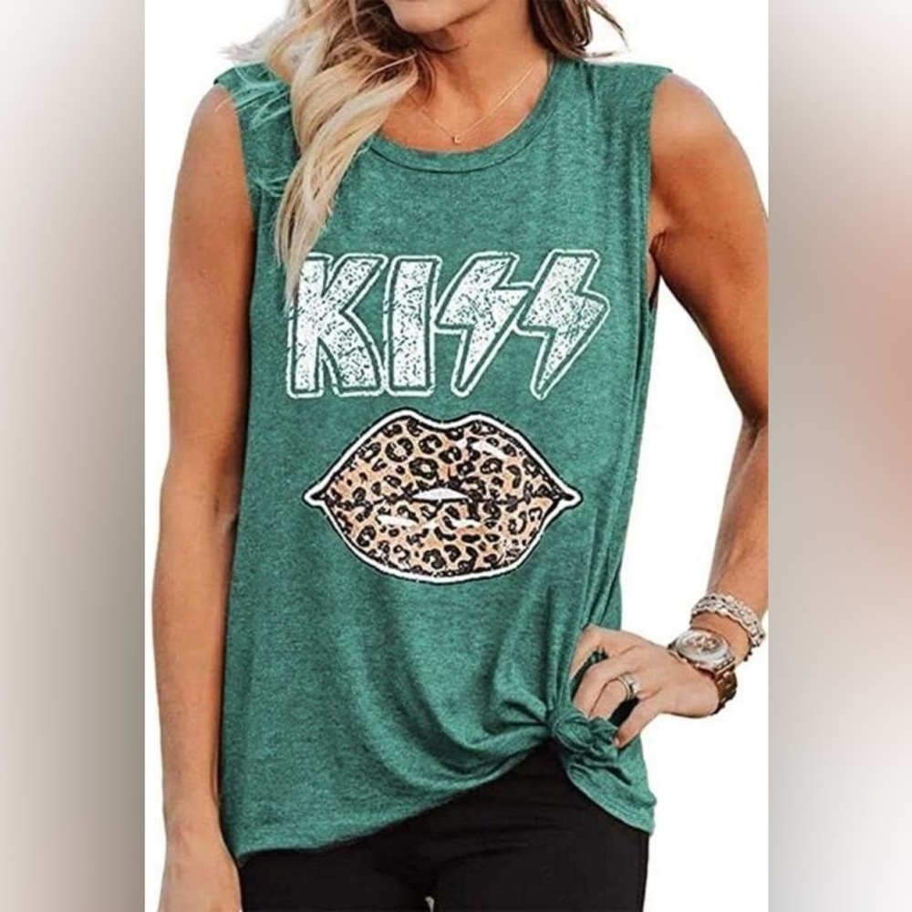 Kiss Letter Print Leopard Lips Casual Round Neck Sleeveless Tank Top